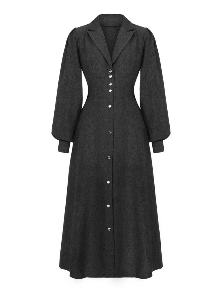 1940er Gekerbt Kragen Laternenärmel Taste Kleid