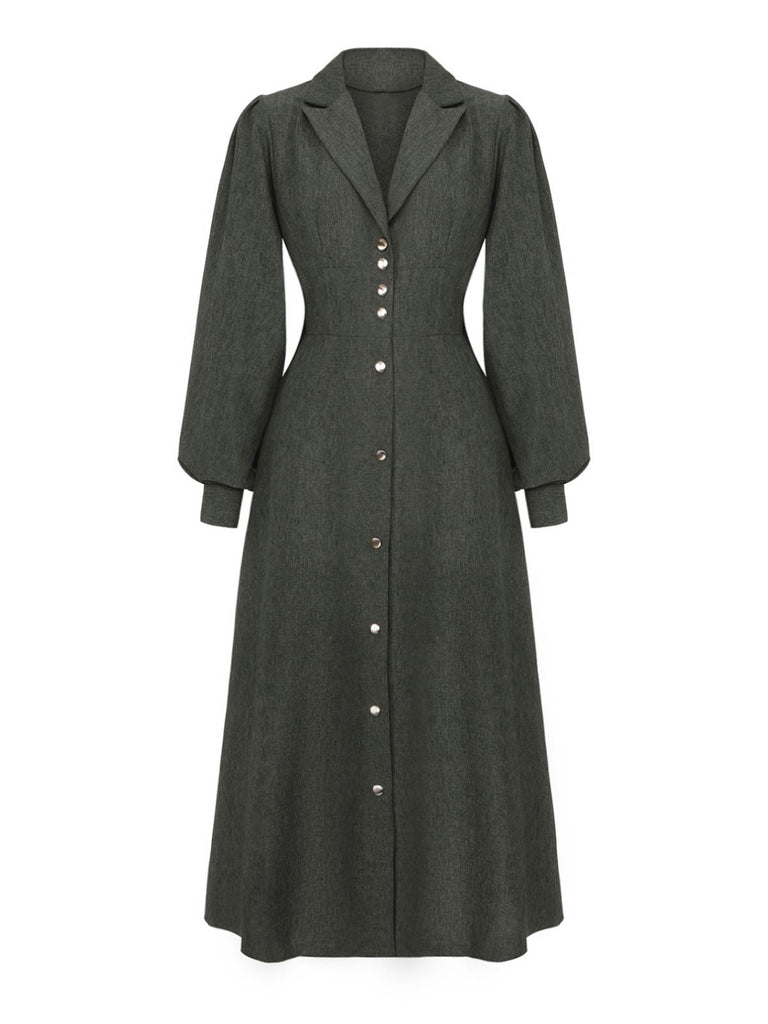 1940er Gekerbt Kragen Laternenärmel Taste Kleid