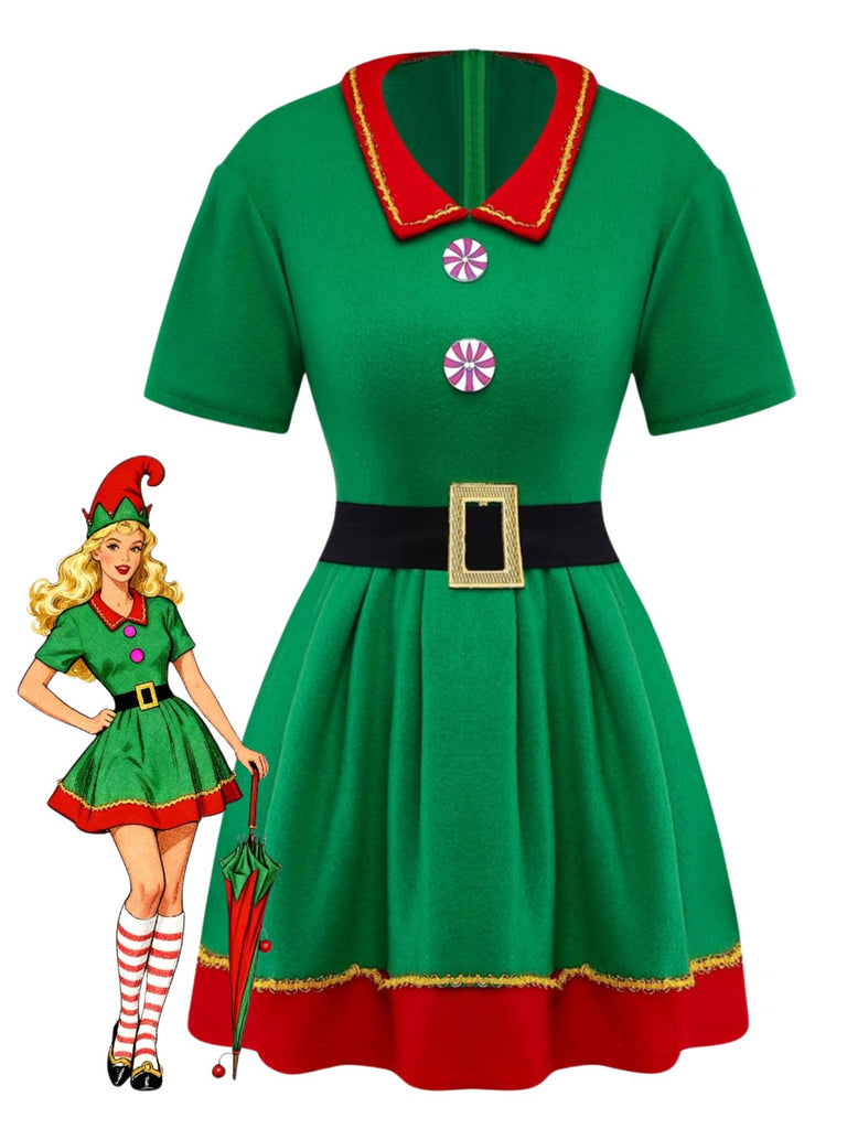 Grün 1960er Weihnachten Elf Cosplay Kostüm Kleid Set
