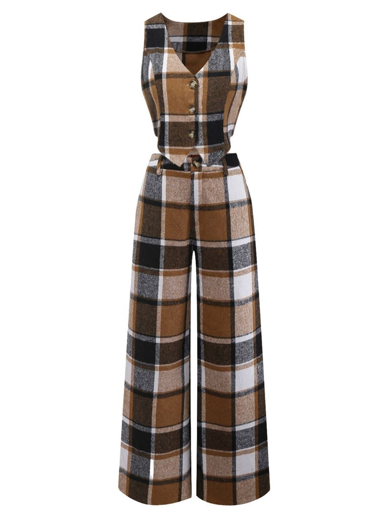 2PCS Khaki 1950er Kunstwolle Karo Ärmellos Weste & Hose