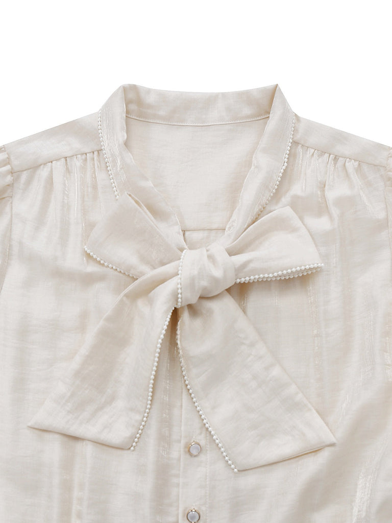 [Vorverkauf] Beige 1950er Perlen Besetzt Bogen Bindhals Jumpsuit