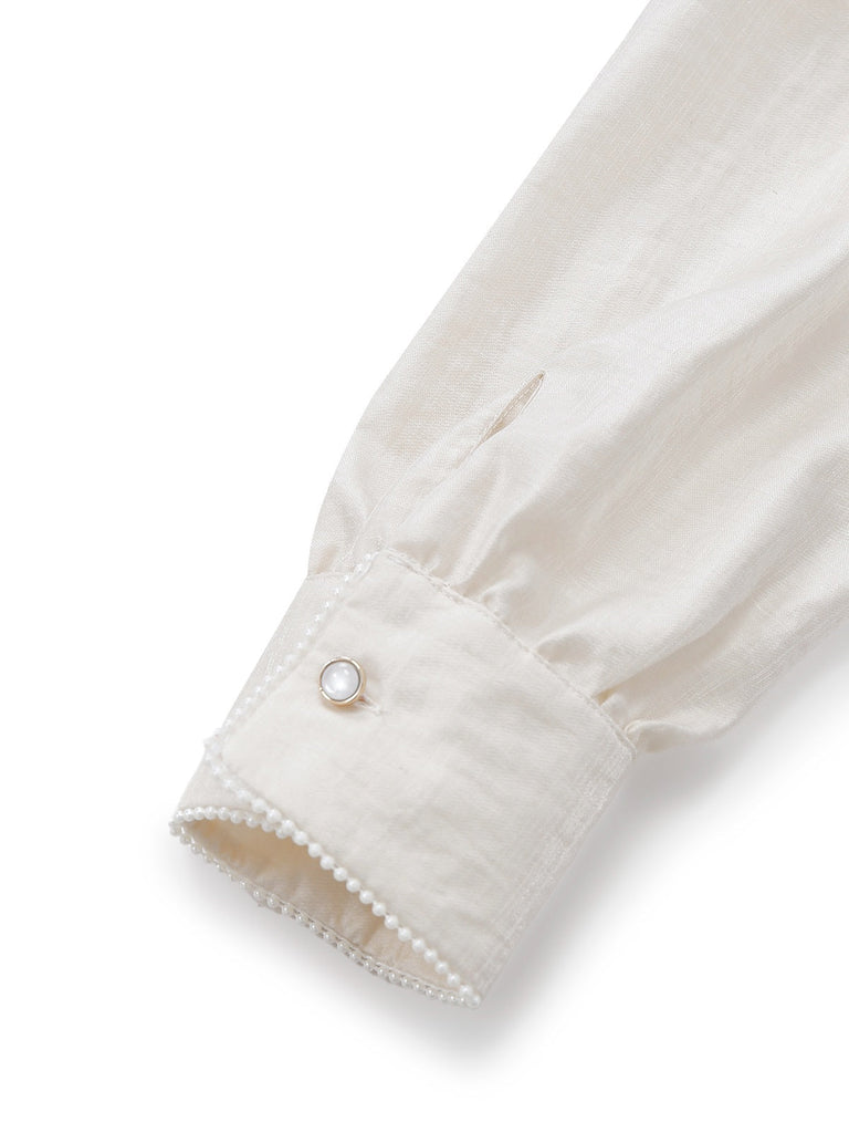 [Vorverkauf] Beige 1950er Perlen Besetzt Bogen Bindhals Jumpsuit