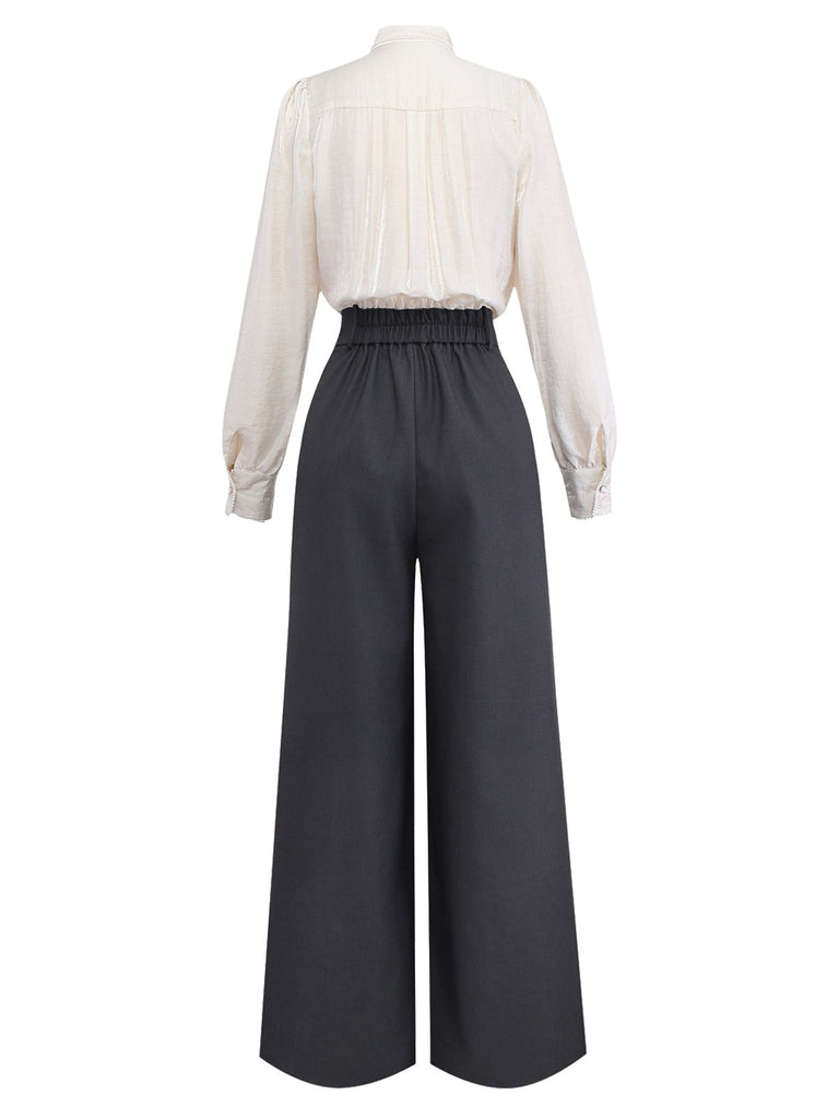 [Vorverkauf] Beige 1950er Perlen Besetzt Bogen Bindhals Jumpsuit