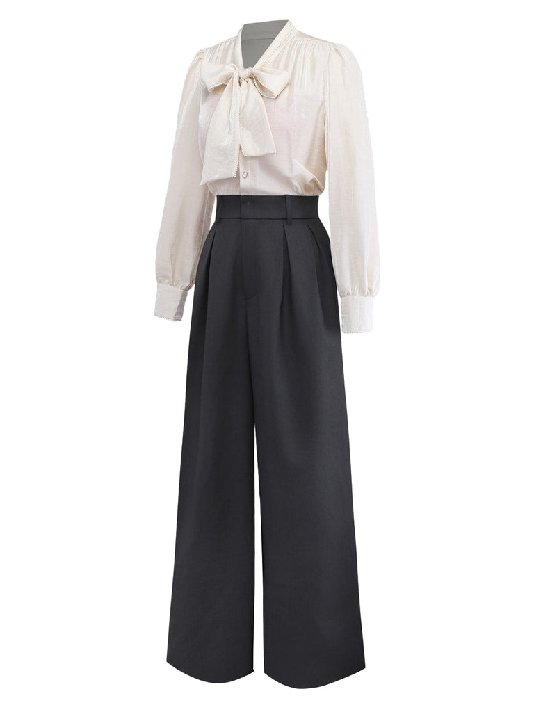 [Vorverkauf] Beige 1950er Perlen Besetzt Bogen Bindhals Jumpsuit