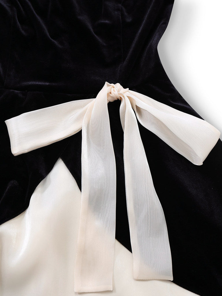 [Vorverkauf] Schwarz 1950er Samt Satin Schulterfrei Bogen Kleid