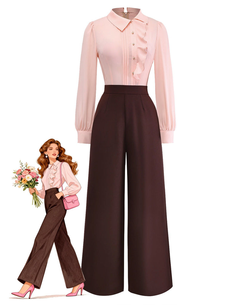 [Vorverkauf] Rosa 1930er Rüschen Unregelmäßig Revers Jumpsuit