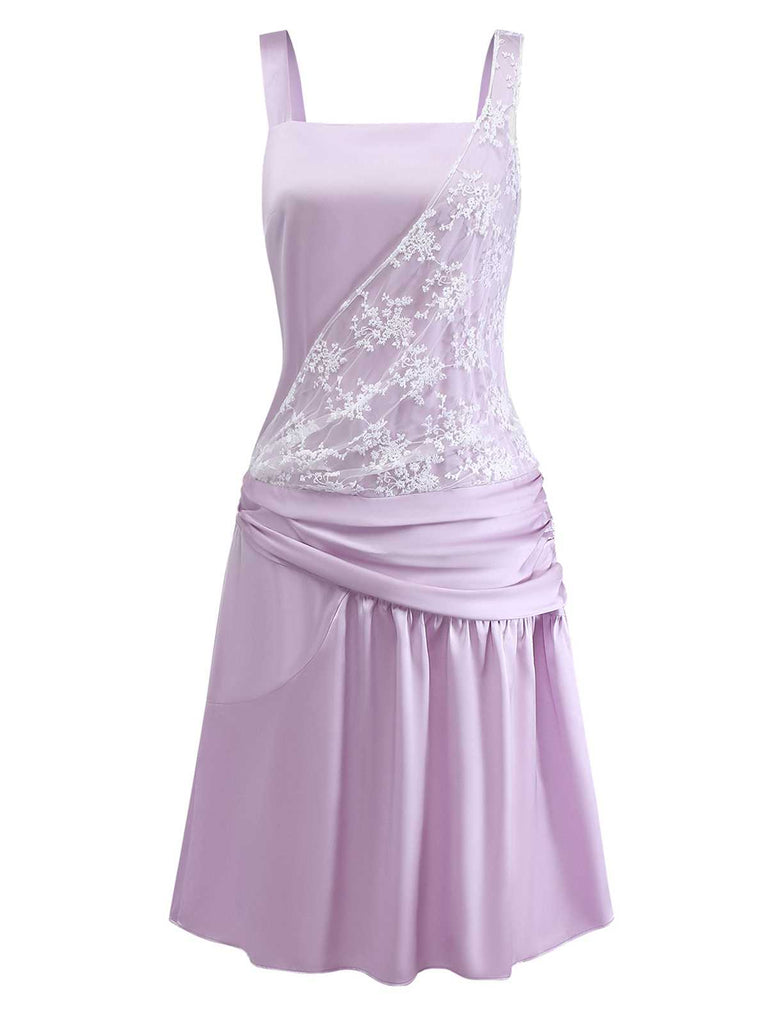 [Vorverkauf] Lila 1920er Blumen Besticktes Netz Satin Kleid