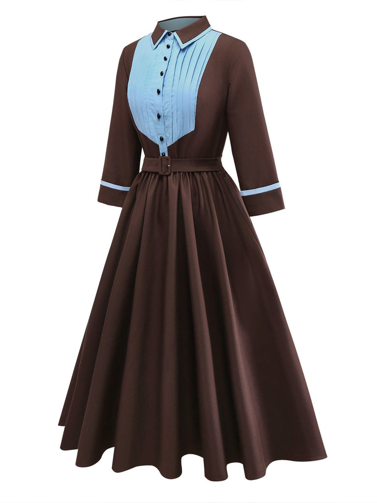 [Vorverkauf] Braun 1940er Kontrastiert Nadel Falte Revers Kleid