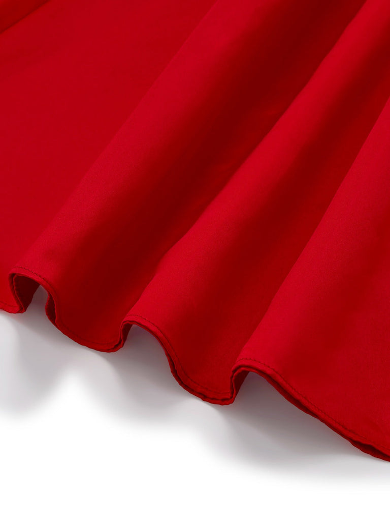 [Vorverkauf] Rot 1950er Satin Bogen Ärmel Swing Kleid