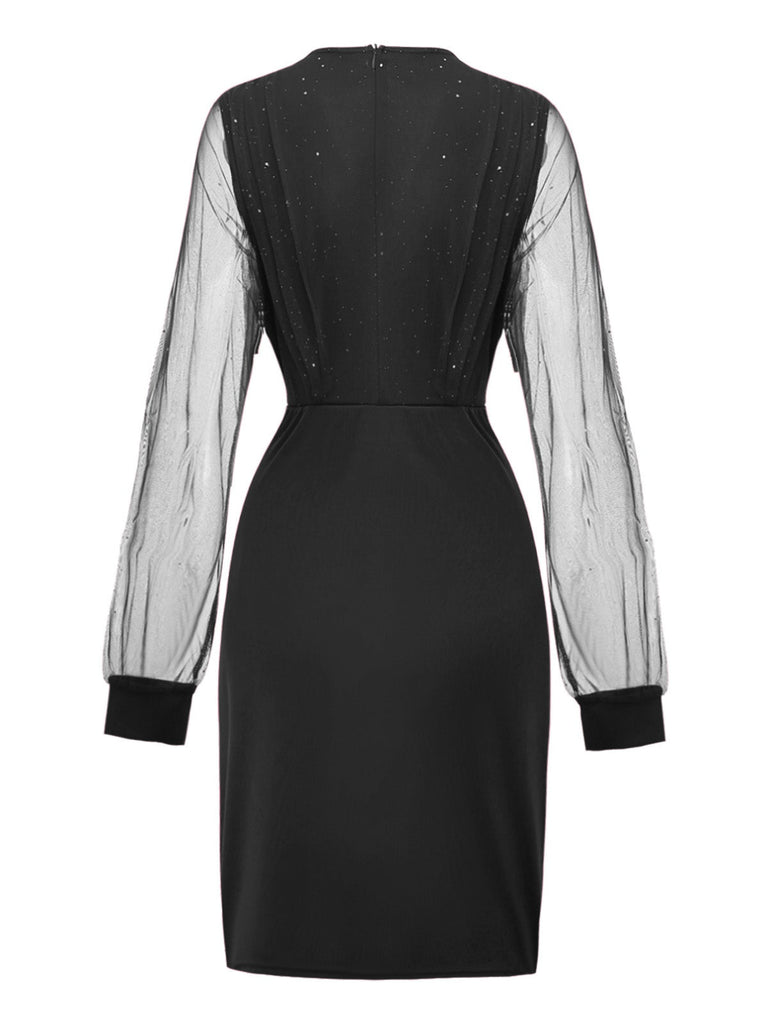 1960er Solide Glitzer V-Ausschnitt Netz Körperbetont Kleid