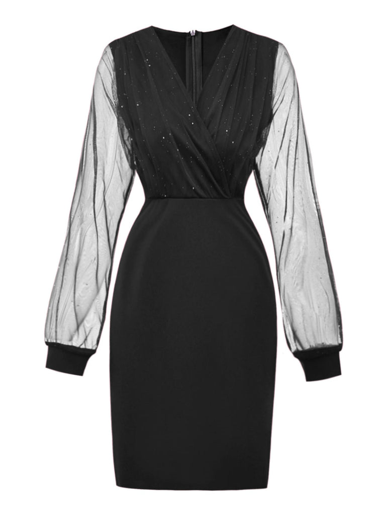 1960er Solide Glitzer V-Ausschnitt Netz Körperbetont Kleid