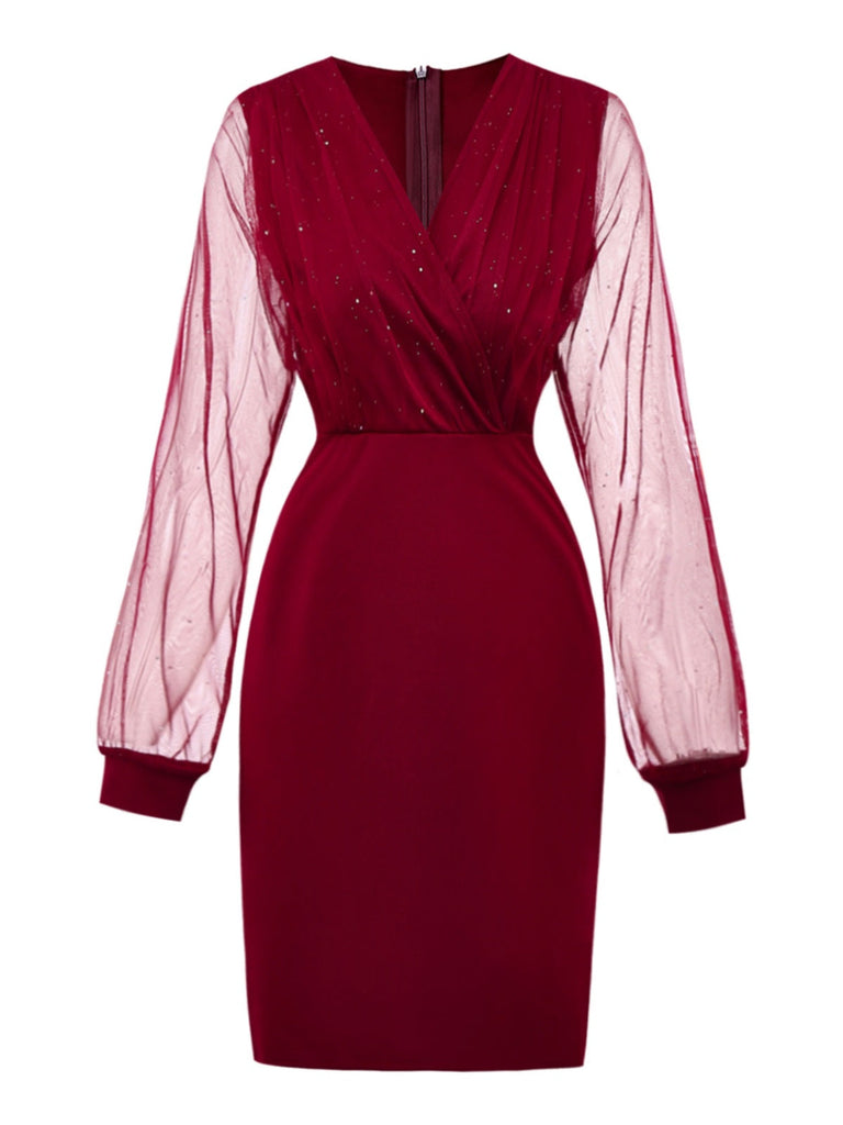 1960er Solide Glitzer V-Ausschnitt Netz Körperbetont Kleid