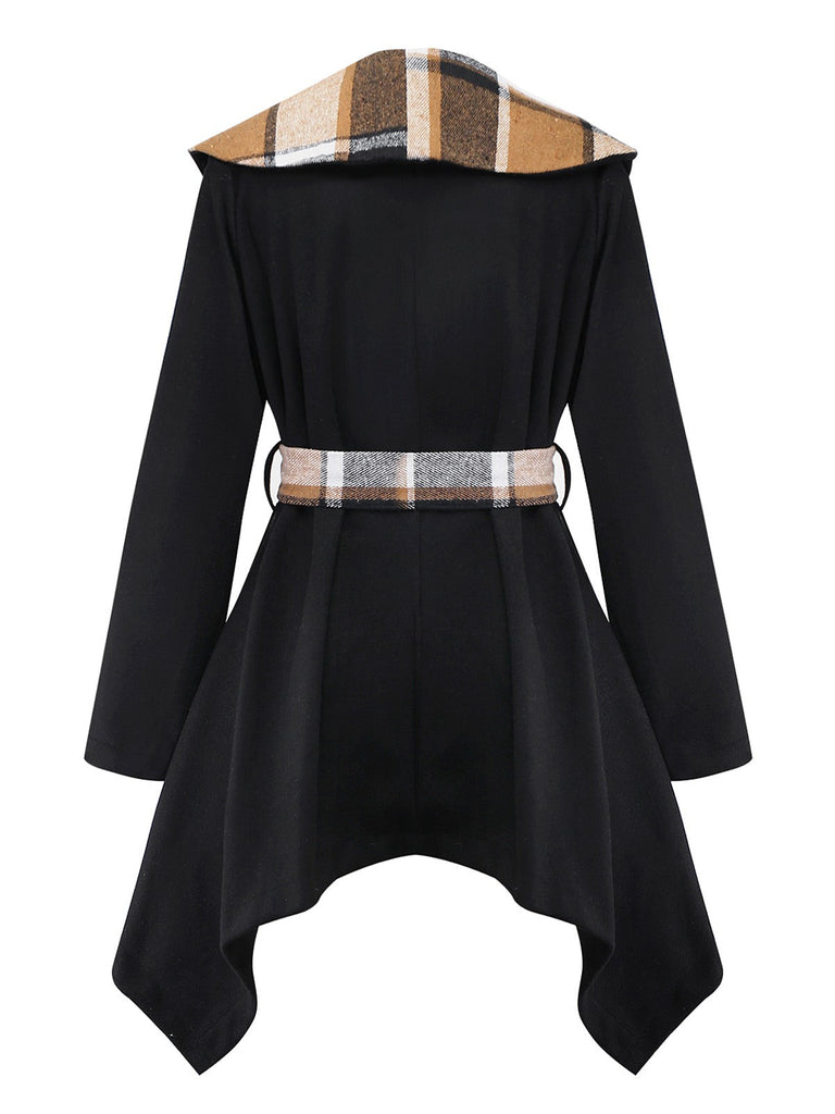 Schwarz 1960er Revers Kariert Kunstwolle Jacke