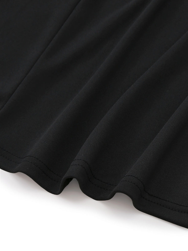 Schwarz 1930er Bogen Kragen Metall Taste Vorder Schlitz Kleid