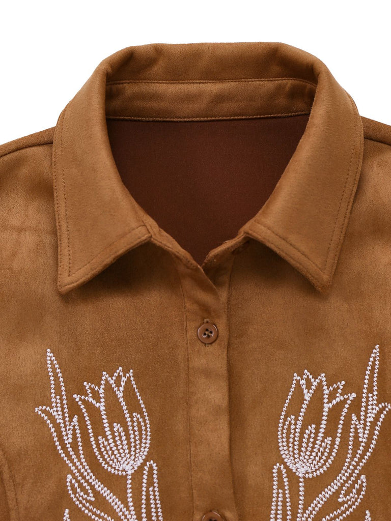 Braun 1970er Revers Blumen Besticktes Kunstwildleder Kleid