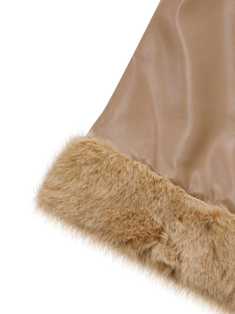 Khaki 1940er PU Leder Kunst Pelz Kragen Gürtel Mantel