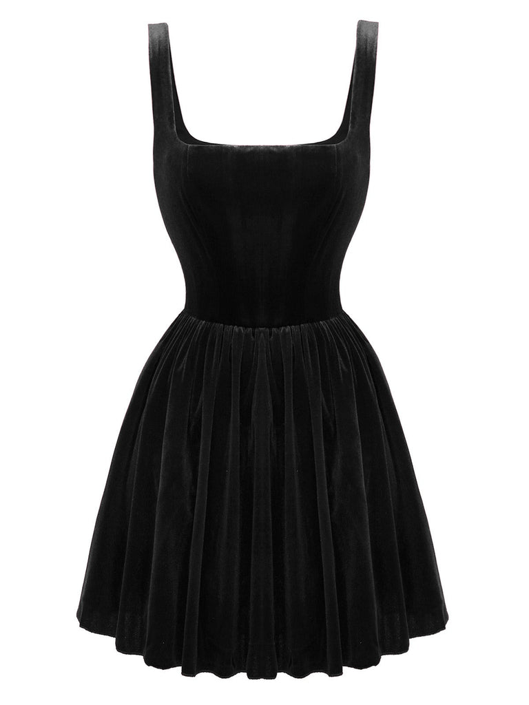 1970er Solide Quadratischer Hals Samt Mini Kleid