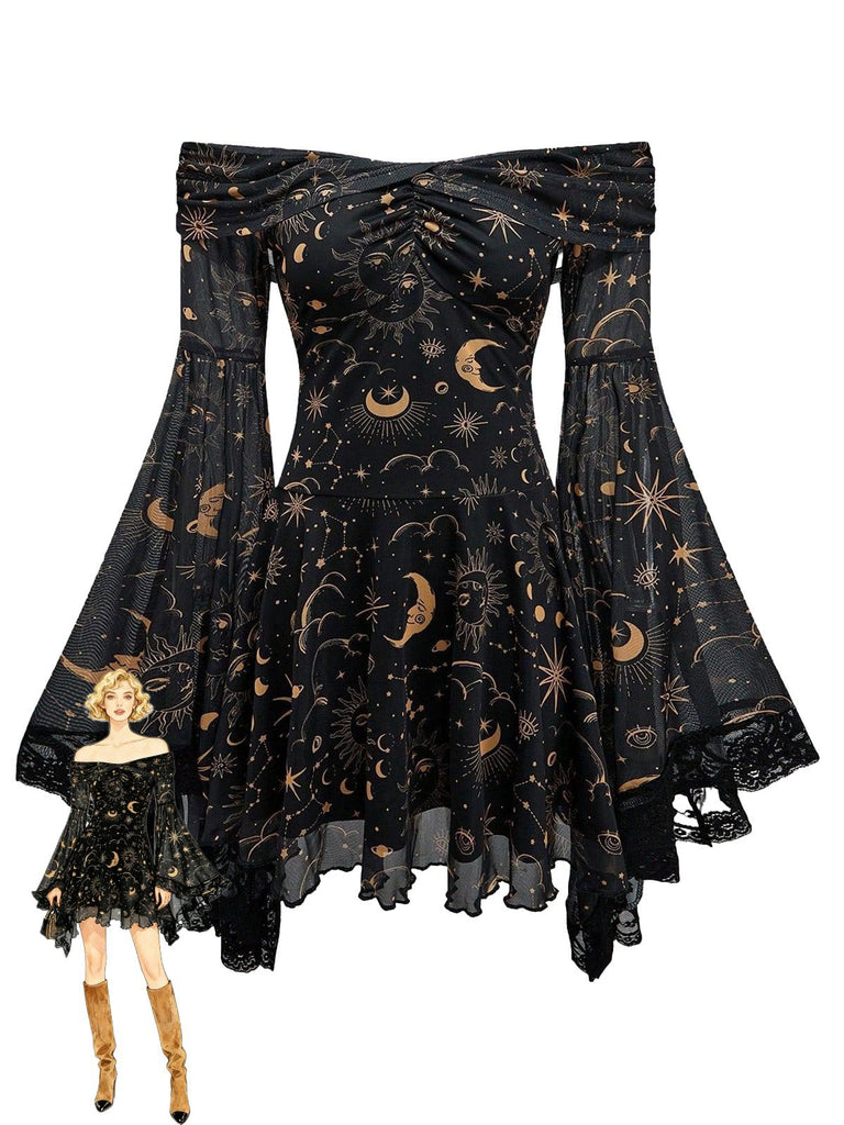 1980er Stern & Mond & Sonnengesicht Schulterfrei Glockenärmel Kleid