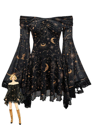 1980er Stern & Mond & Sonnengesicht Schulterfrei Glockenärmel Kleid