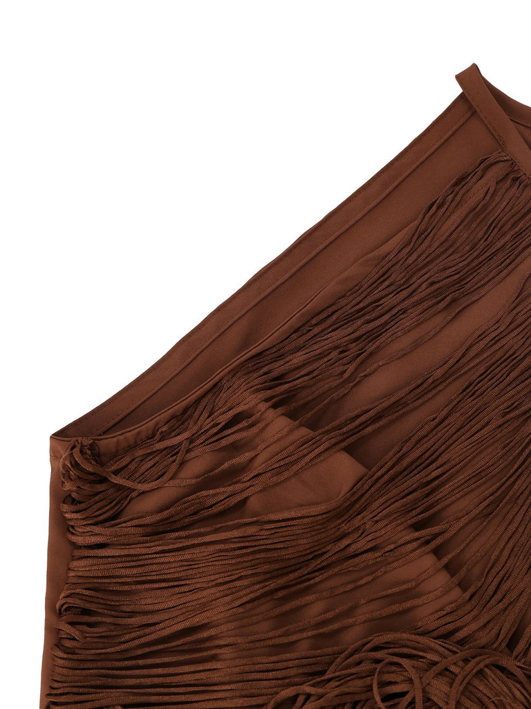 Kaffee 1920er Solide Fransen Halter Ärmellos Kleid