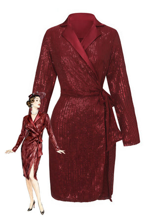 1960er Revers Pailletten Taille Bindung Lang Jacke