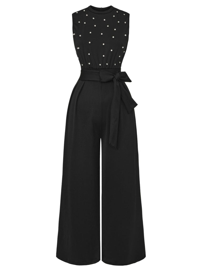 Schwarz 1950er Perlen Perlenbesatz Bogen Gürtel Jumpsuit