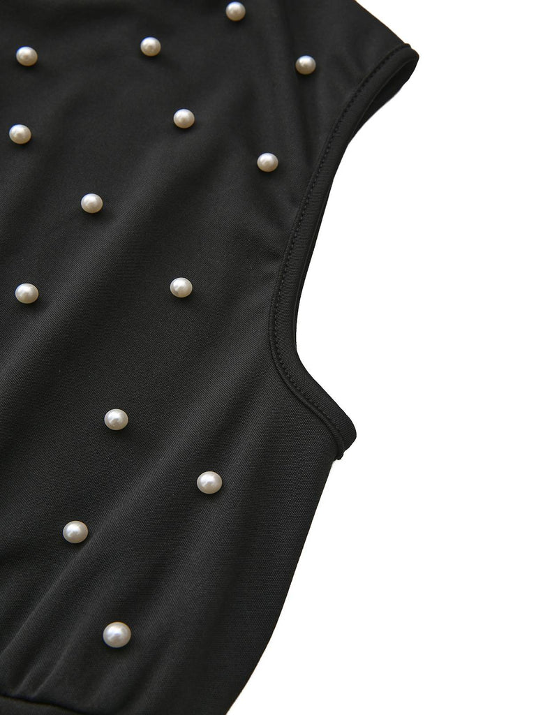 Schwarz 1950er Perlen Perlenbesatz Bogen Gürtel Jumpsuit