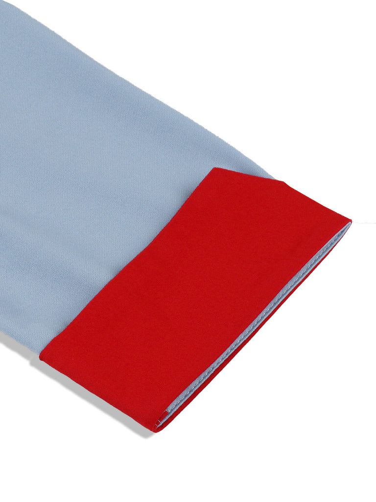 Blau 1950er Kontrast Bindehals Hoch Kragen Kleid