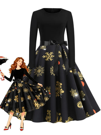 Schwarz 1950er Weihnachten Schneeflocke Schleife Gürtel Kleid