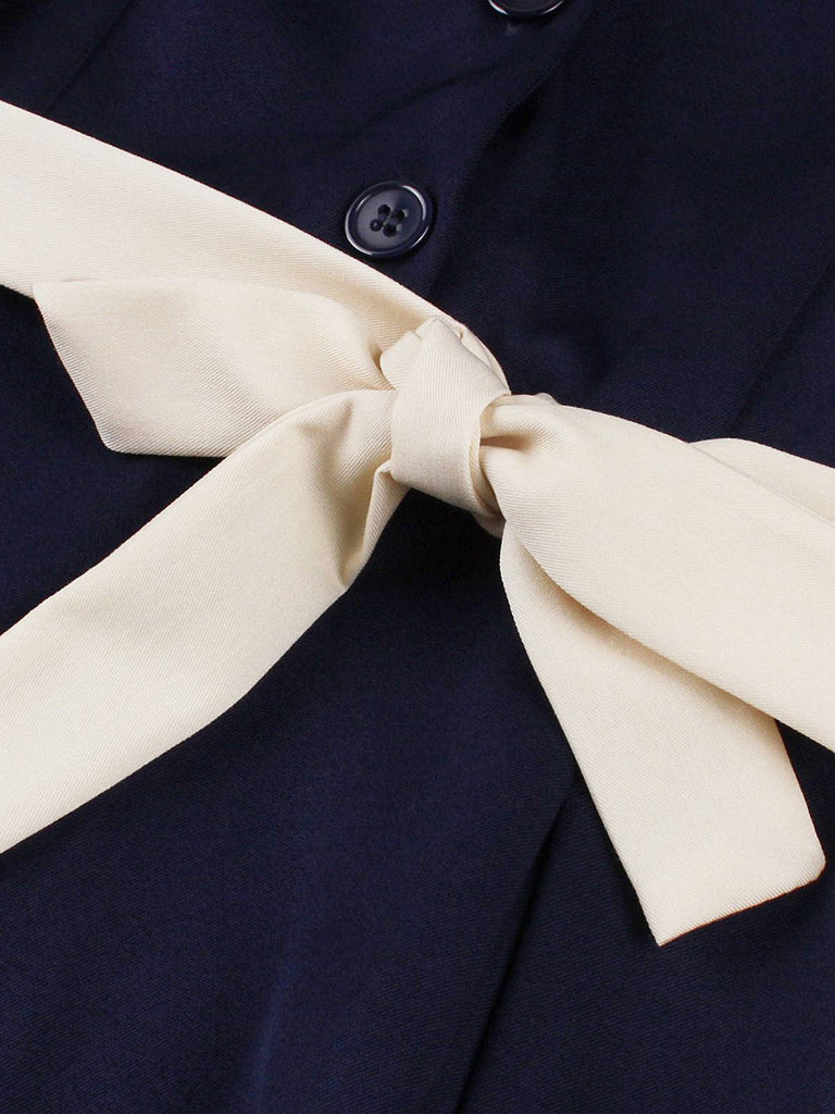 Marineblau 1950er Nautisch Quadratischer Hals Gürtel Kleid