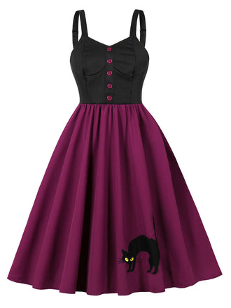 Purpurrot 1950er Katze Breite Träger Swing Kleid