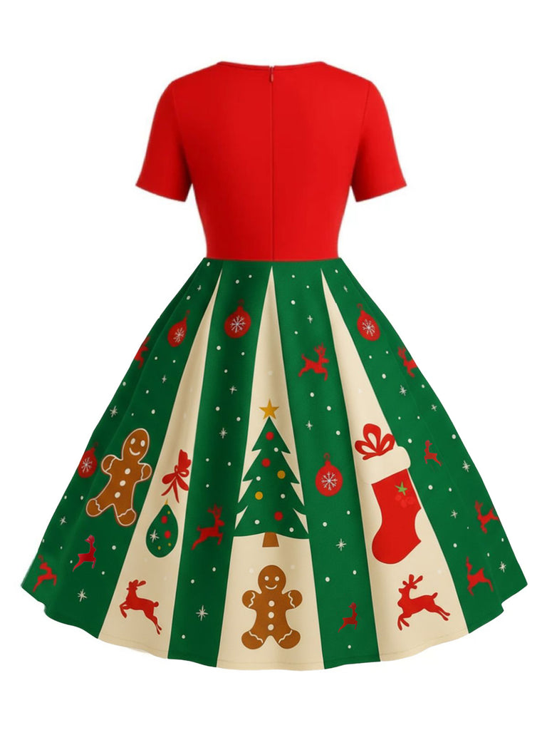 [Übergröße] Rot & Grün 1950er Weihnachten Schneeflocke Swing Kleid