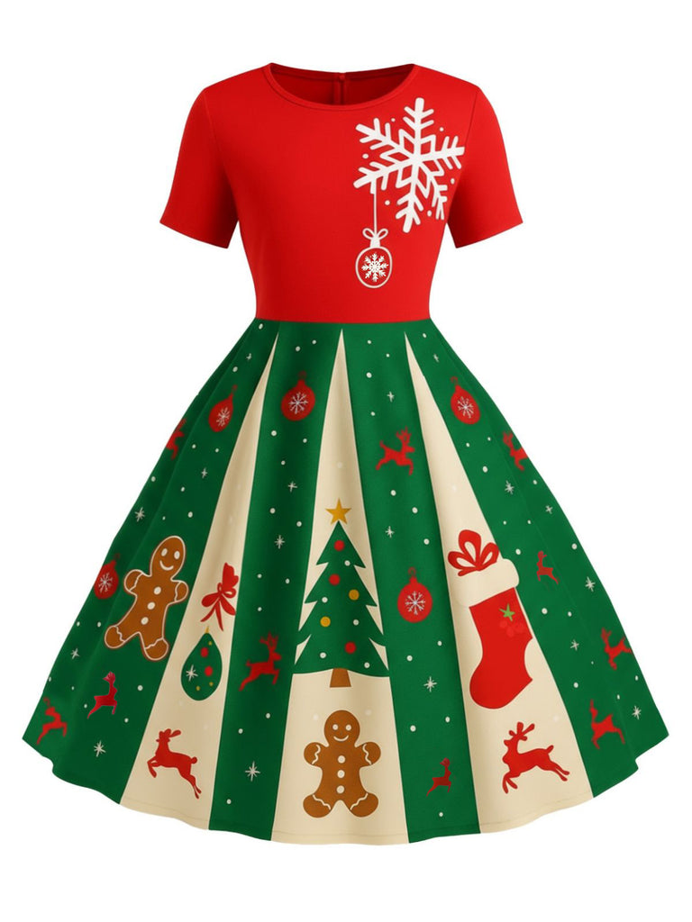 [Übergröße] Rot & Grün 1950er Weihnachten Schneeflocke Swing Kleid