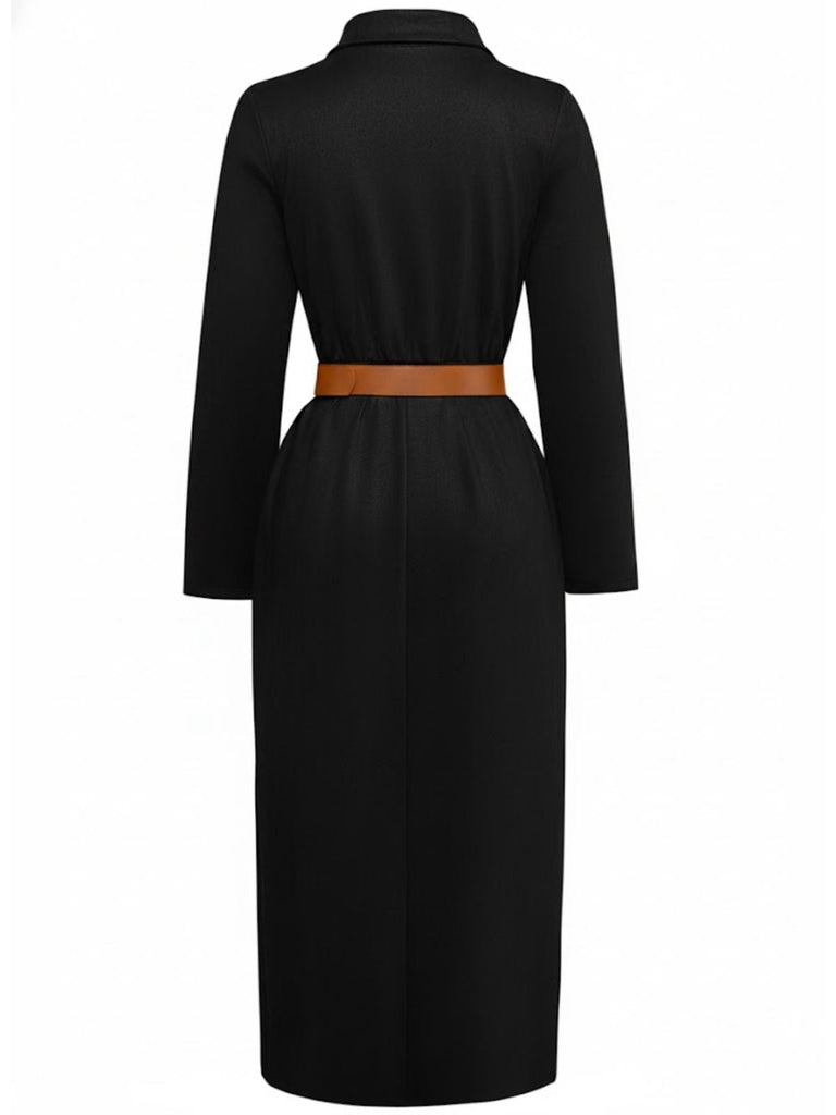 1930er Wildleder Knopf Vorne Gürtel Hemd Kleid