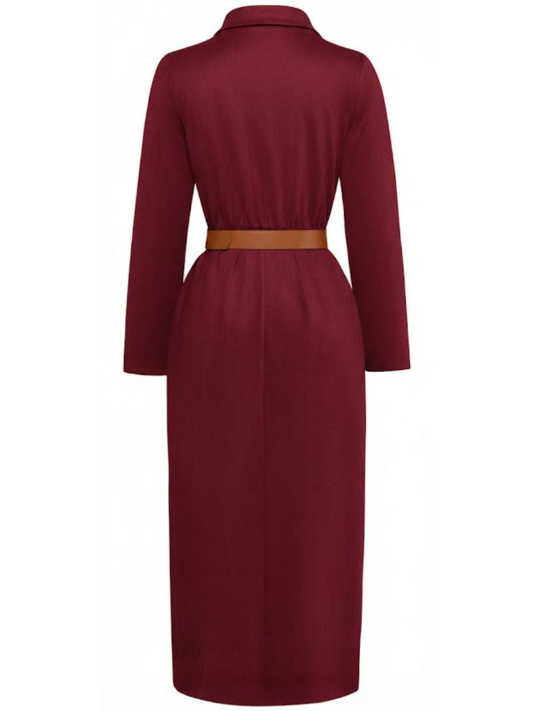 1930er Wildleder Knopf Vorne Gürtel Hemd Kleid