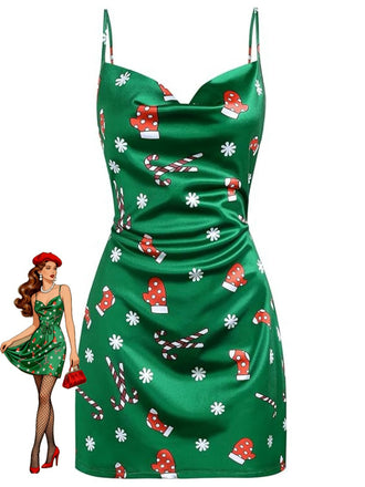 [Vorverkauf] Grün 1960er Weihnachten Wasserfallausschnitt Slip Kleid
