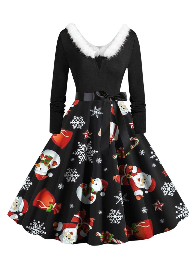 1950er Weihnachten V-Ausschnitt Pelzkragen Swing Kleid