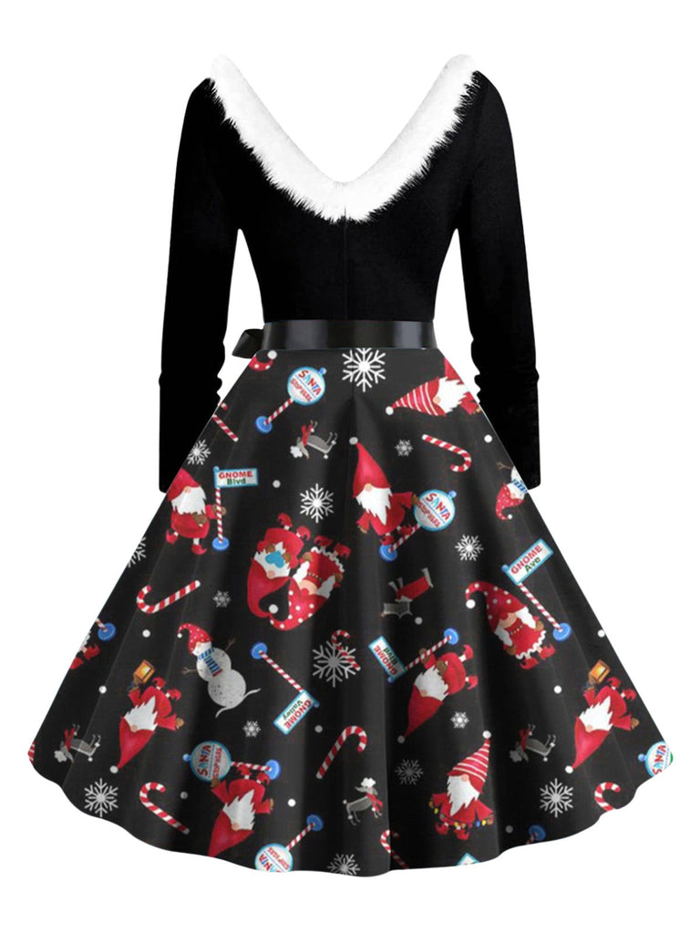 1950er Weihnachten V-Ausschnitt Pelzkragen Swing Kleid