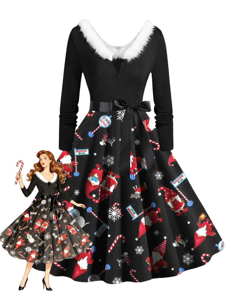 1950er Weihnachten V-Ausschnitt Pelzkragen Swing Kleid