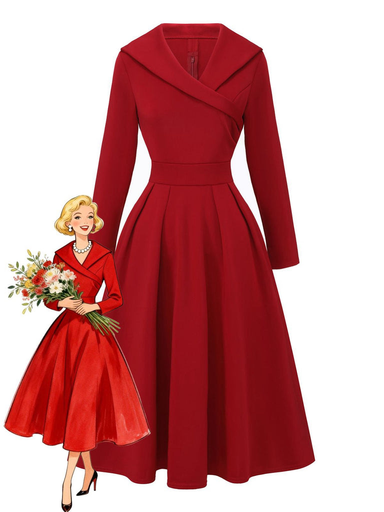1950er Solide Revers Hoch Taille Swing Kleid