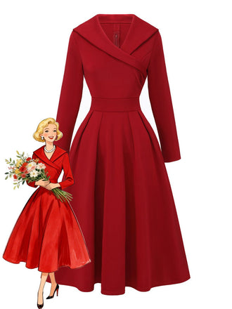 1950er Solide Revers Hoch Taille Swing Kleid