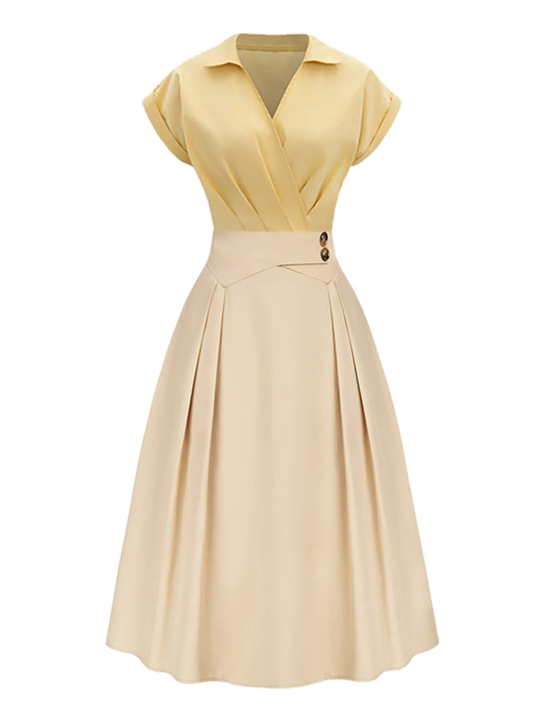 [Vorverkauf] Gelb 1950er Baumwolle Johnny Kragen Plissiertes Kleid