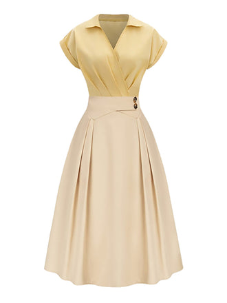 [Vorverkauf] Gelb 1950er Baumwolle Johnny Kragen Plissiertes Kleid