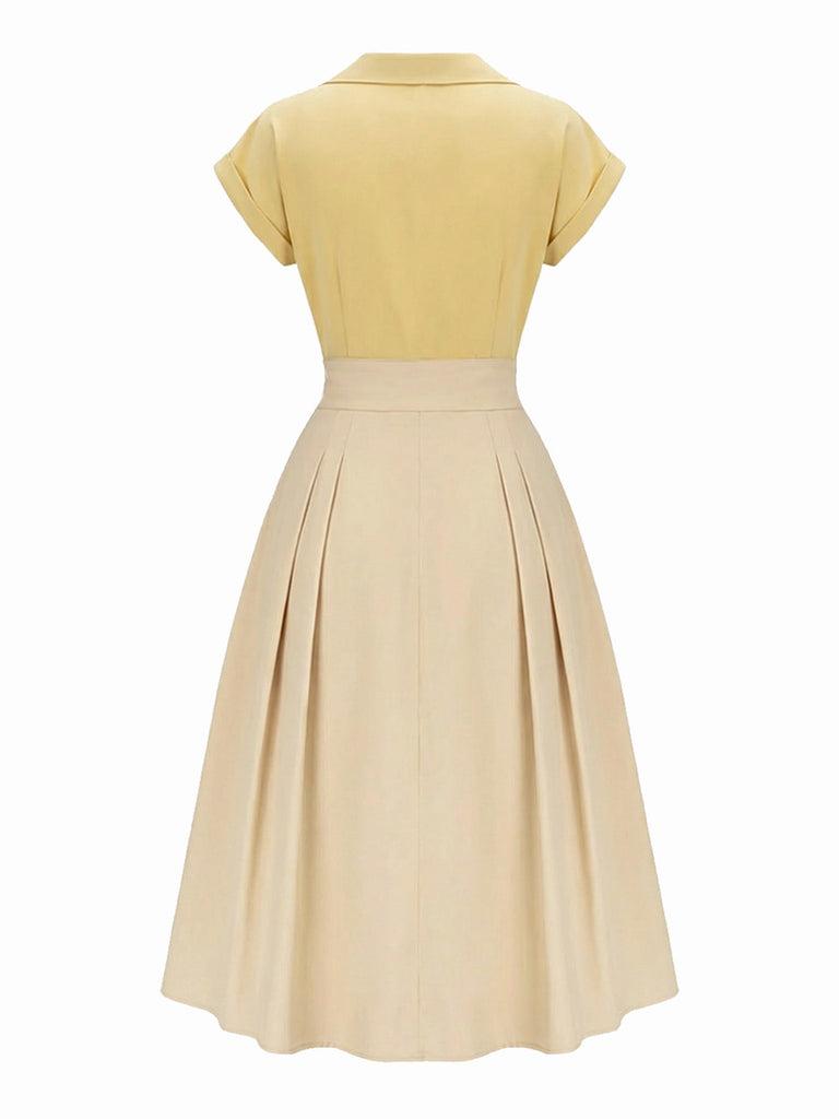 [Vorverkauf] Gelb 1950er Baumwolle Johnny Kragen Plissiertes Kleid