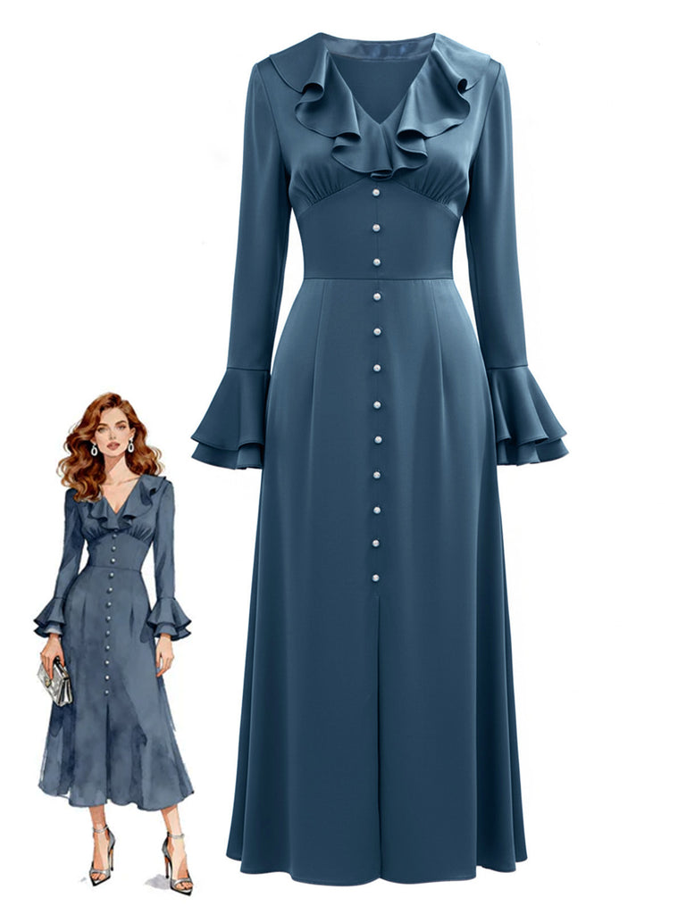 Blau 1940er Taste Satin Schlitz Kleid