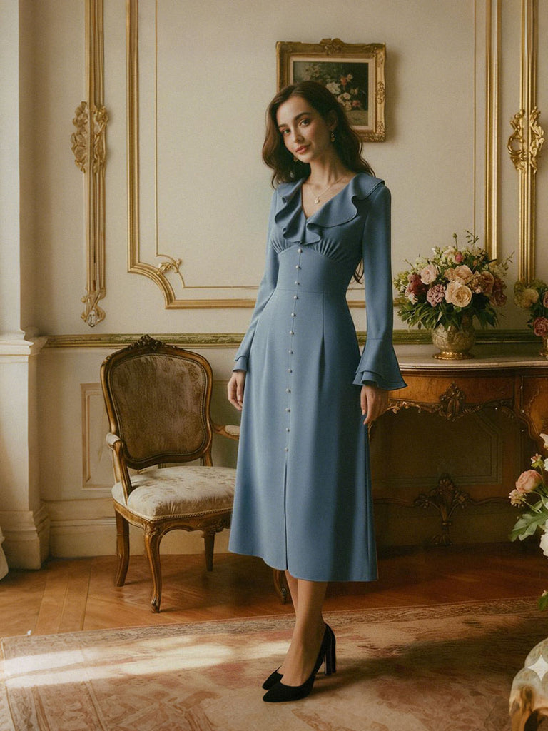 Blau 1940er Taste Satin Schlitz Kleid
