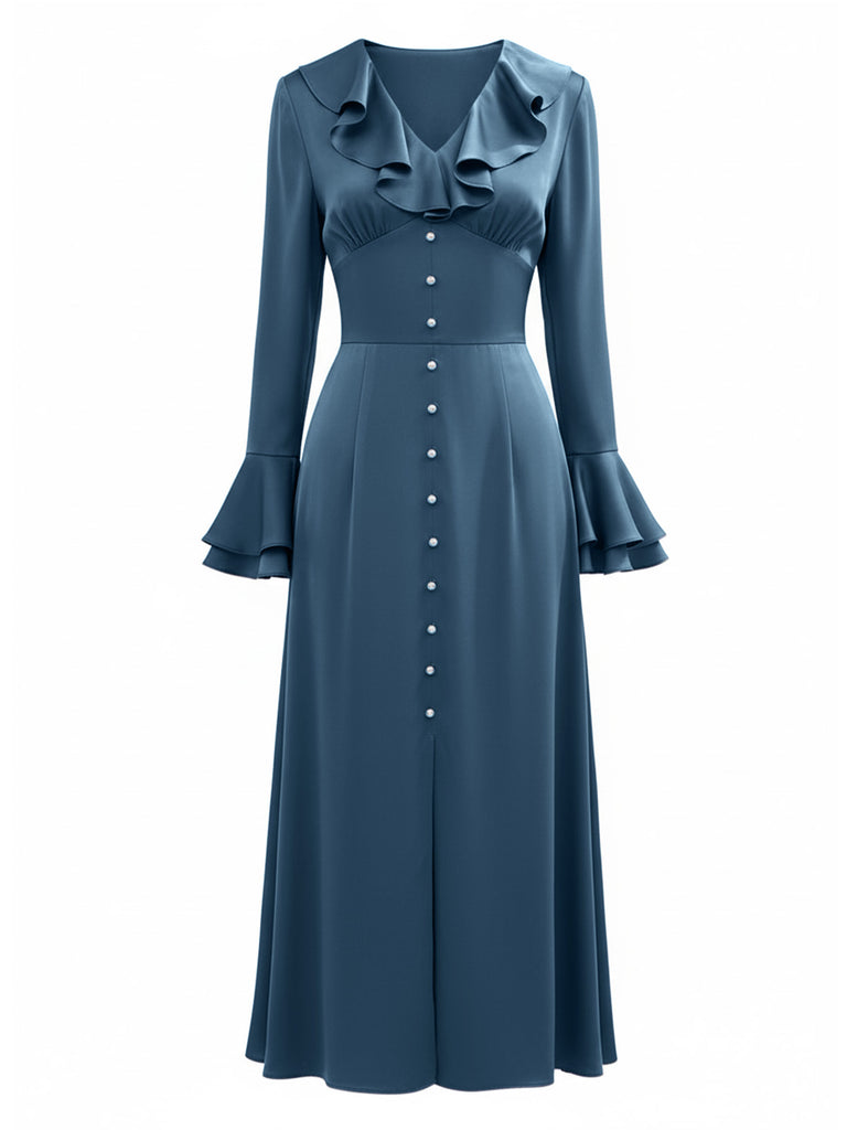 Blau 1940er Taste Satin Schlitz Kleid