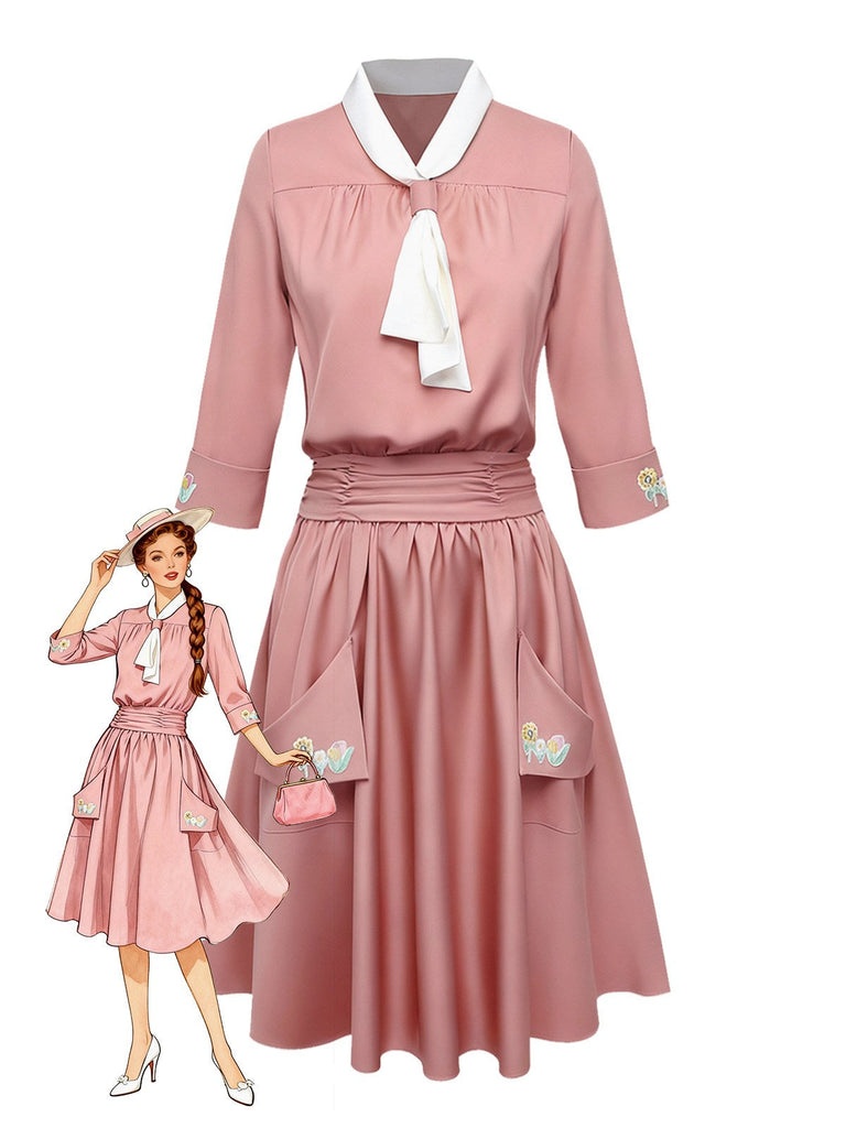 [Vorverkauf] Rosa 1920er Tie Neck Embroidery Large Pockets Kleid