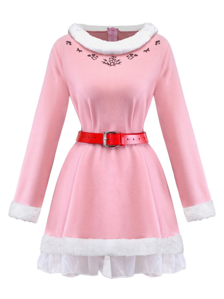 Rosa 1950er Weihnachten Elf Plüsch-Gekantet Kleid Set