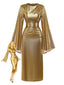 Gold 1970er Fledermaus Ärmel Taille Gerüschtes Kleid